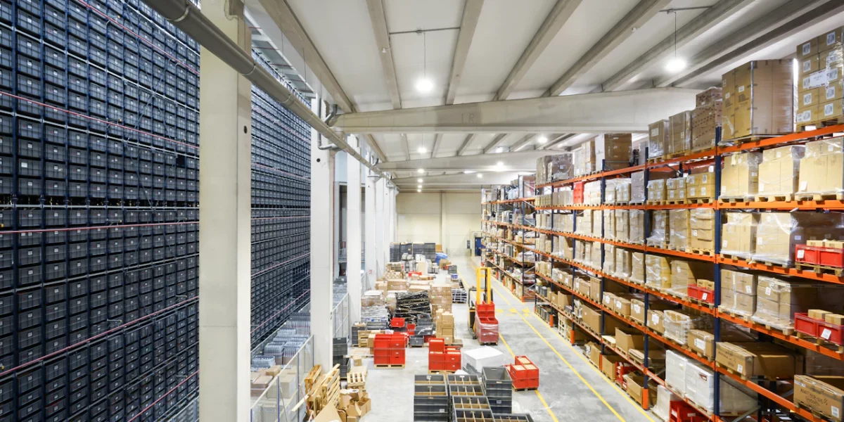 Responsable logistique préparant un projet d’aménagement d’entrepôt en Martinique devant un plan de stockage